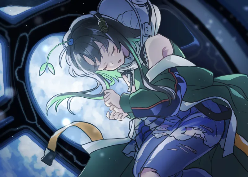 Yomogi-tan looking at Earth from an ISS window